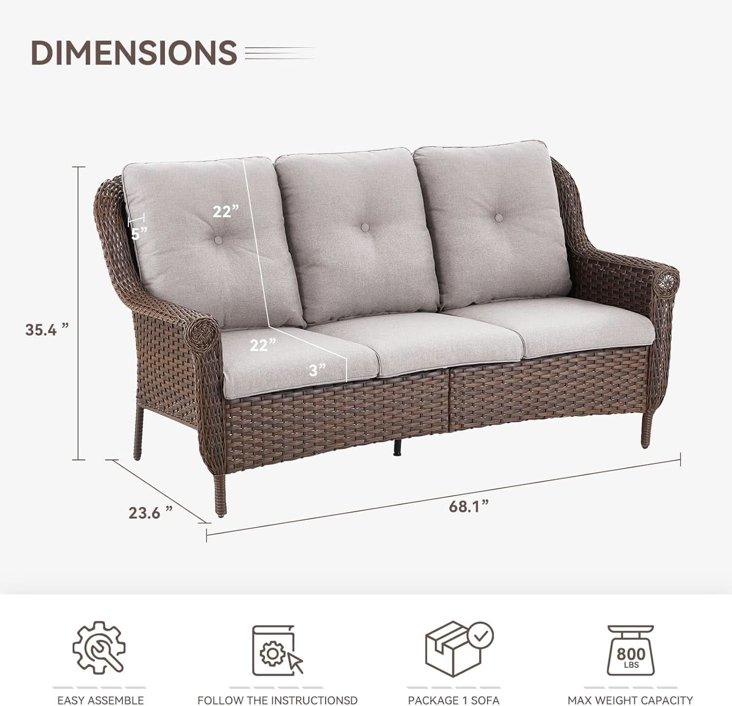 Patio Furniture 3-Piece Wicker Set With Beige Cushions
