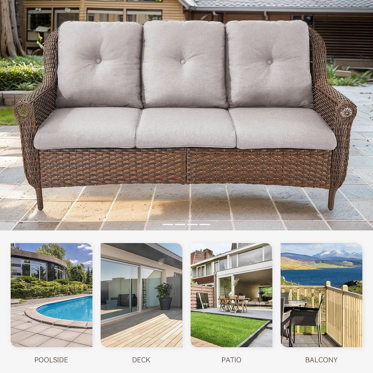 Patio Furniture 3-Piece Wicker Set With Beige Cushions