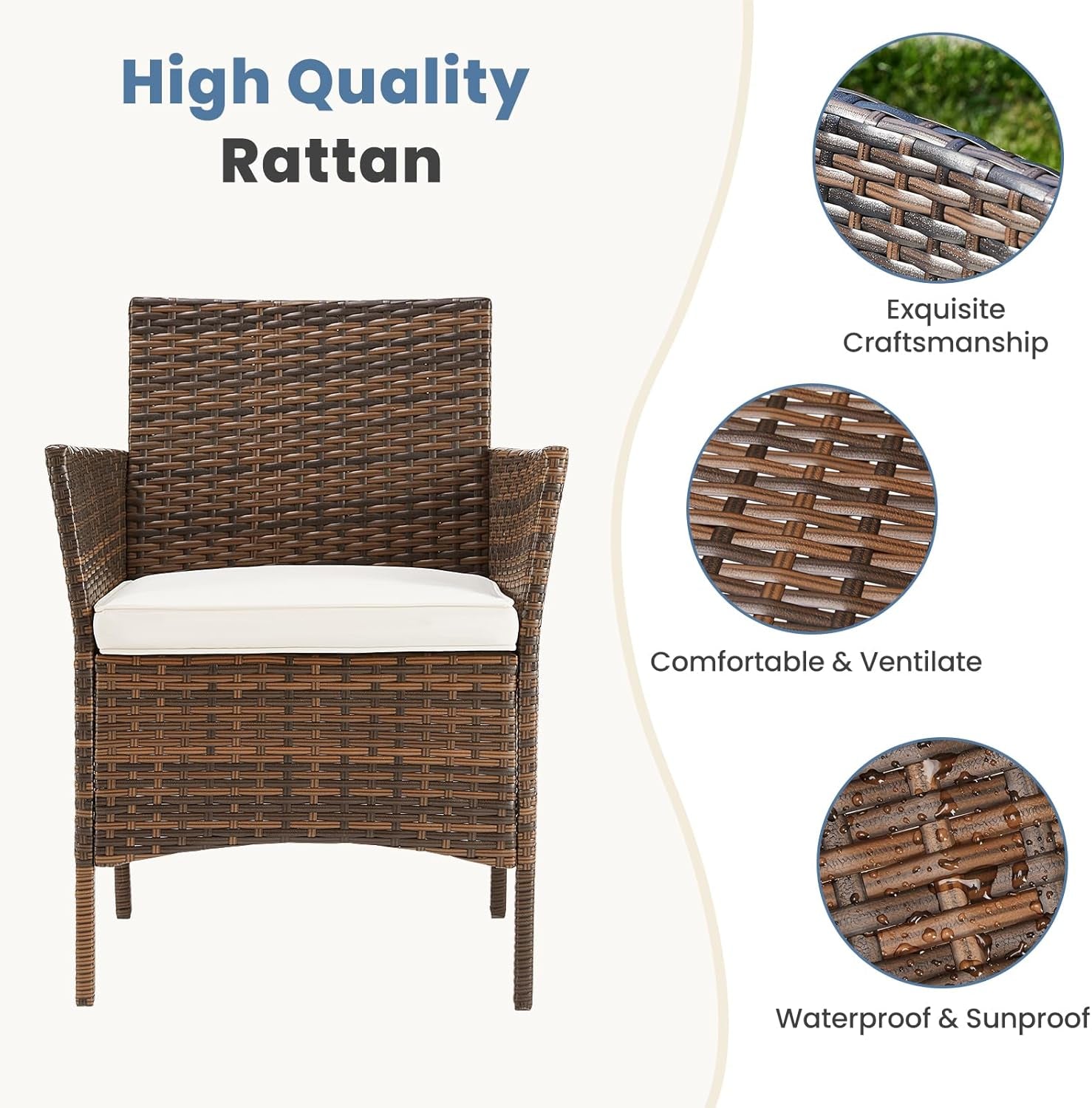 Patio Furniture Set 3 Piece Brown Beige Rattan Coffee Table