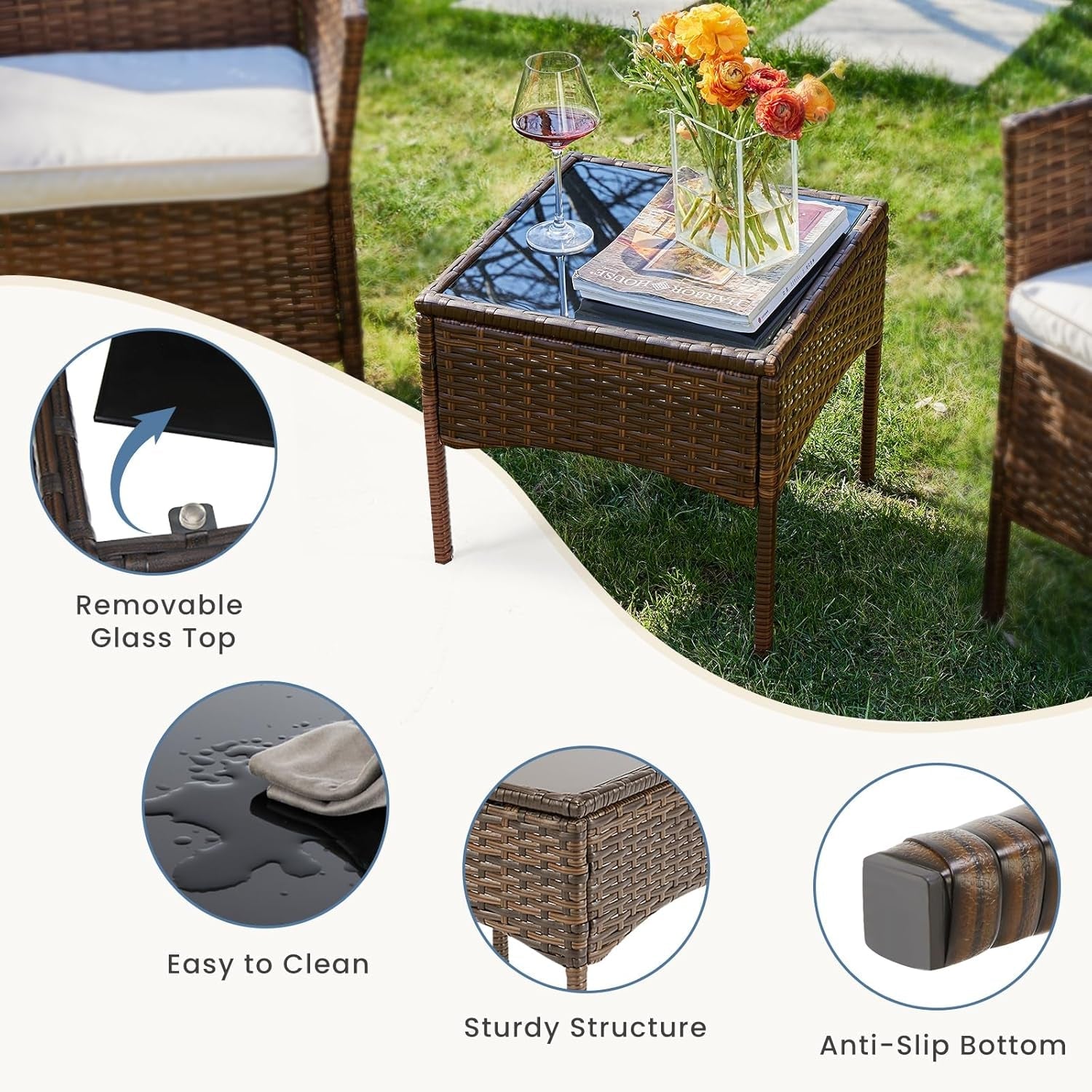 Patio Furniture Set 3 Piece Brown Beige Rattan Coffee Table