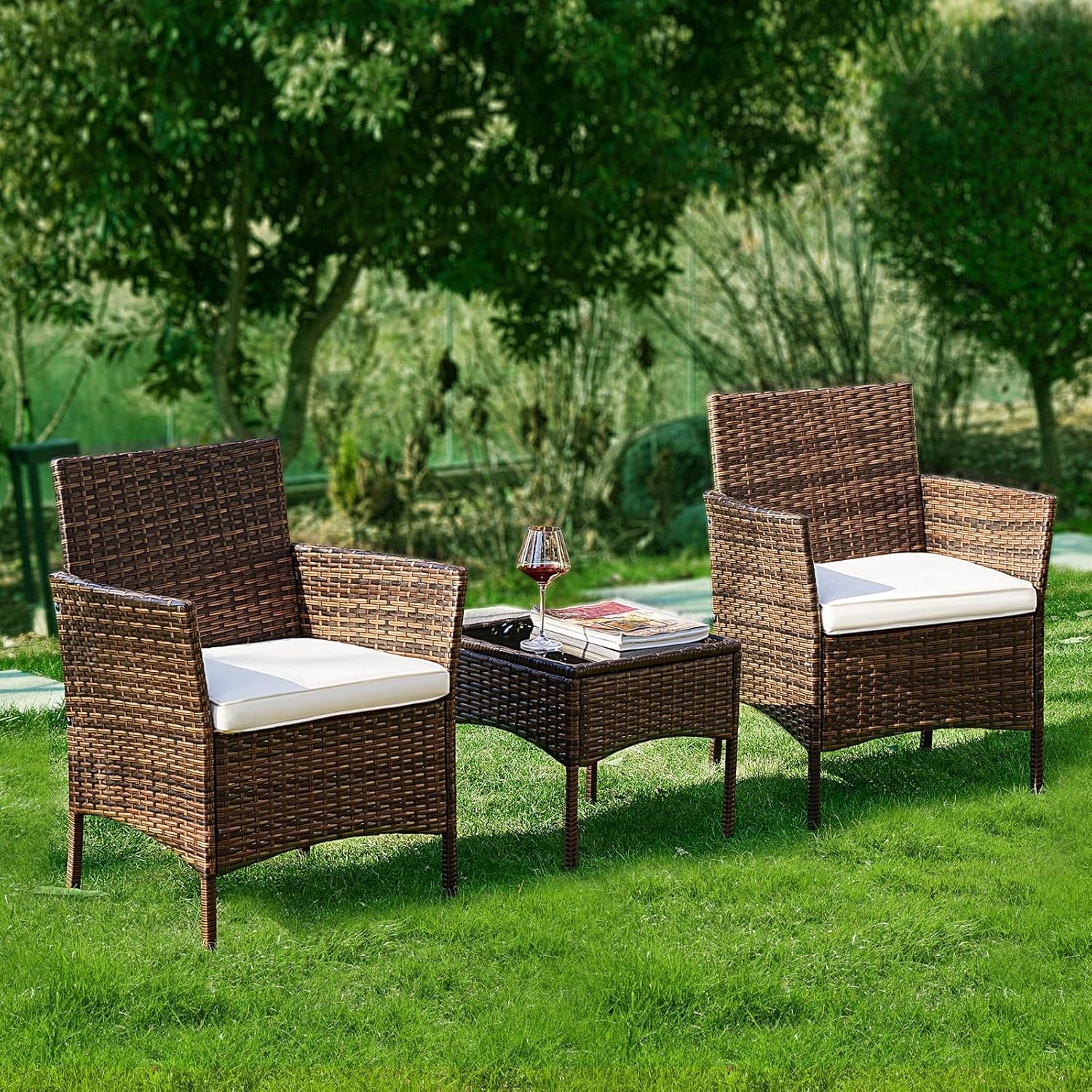 Patio Furniture Set 3 Piece Brown Beige Rattan Coffee Table