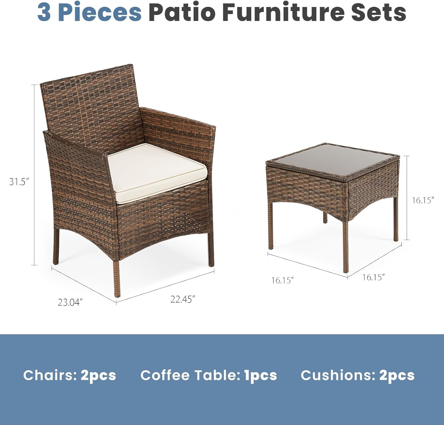 Patio Furniture Set 3 Piece Brown Beige Rattan Coffee Table