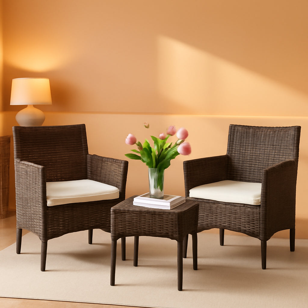 Patio Furniture Set 3 Piece Brown Beige Rattan Coffee Table