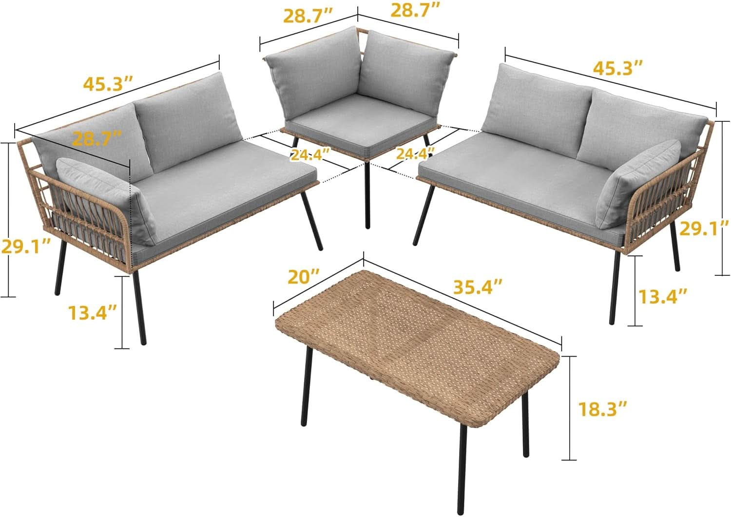 Patio Furniture Set 4 Piece Wicker Outdoor Grey Sectional