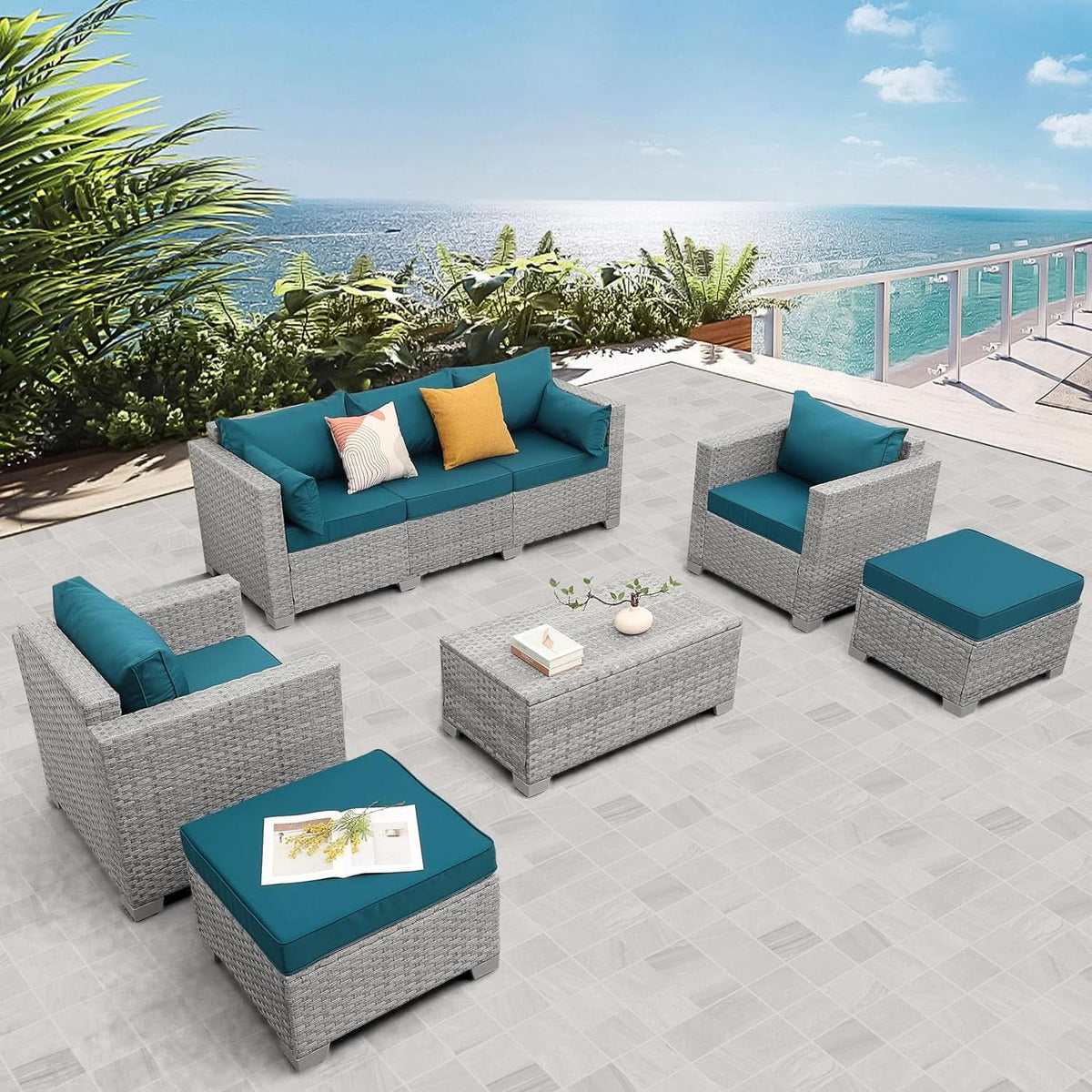 Patio Furniture Set 6 Piece Outdoor Grey Wicker With Peacock Blue Cushions
