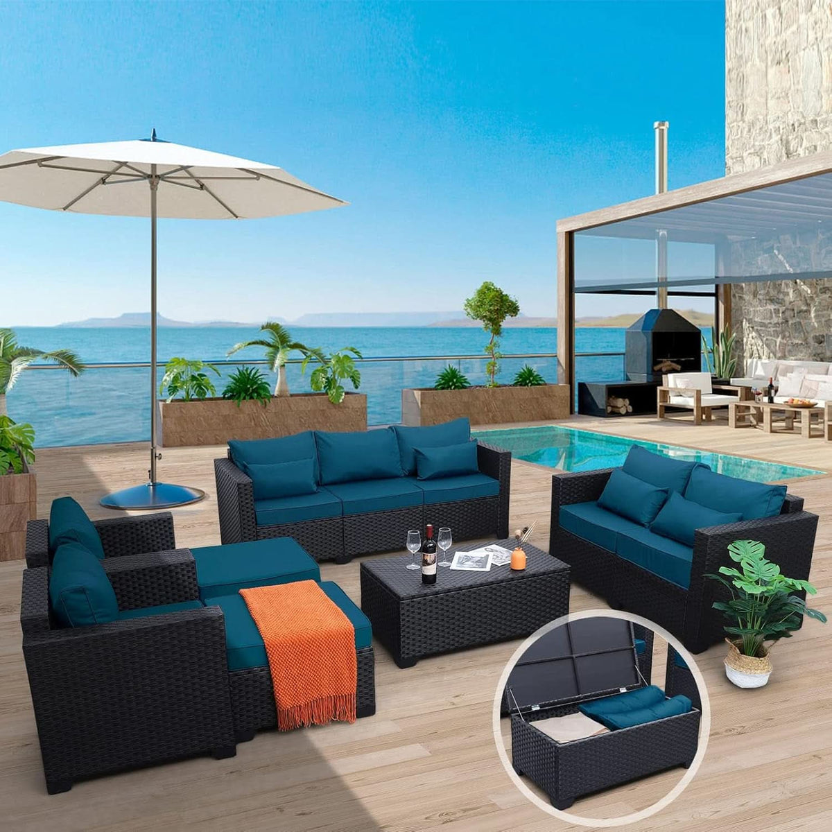 Patio Furniture Set 7 Piece Peacock Blue Anti Slip Cushions