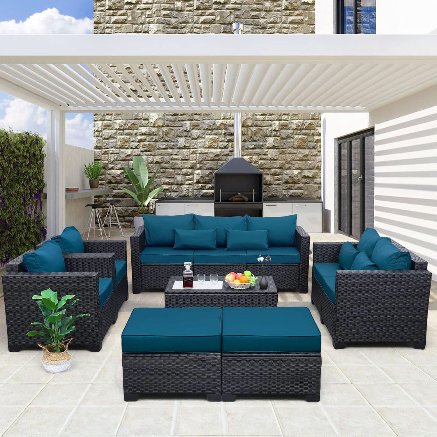 Patio Furniture Set 7 Piece Peacock Blue Anti Slip Cushions