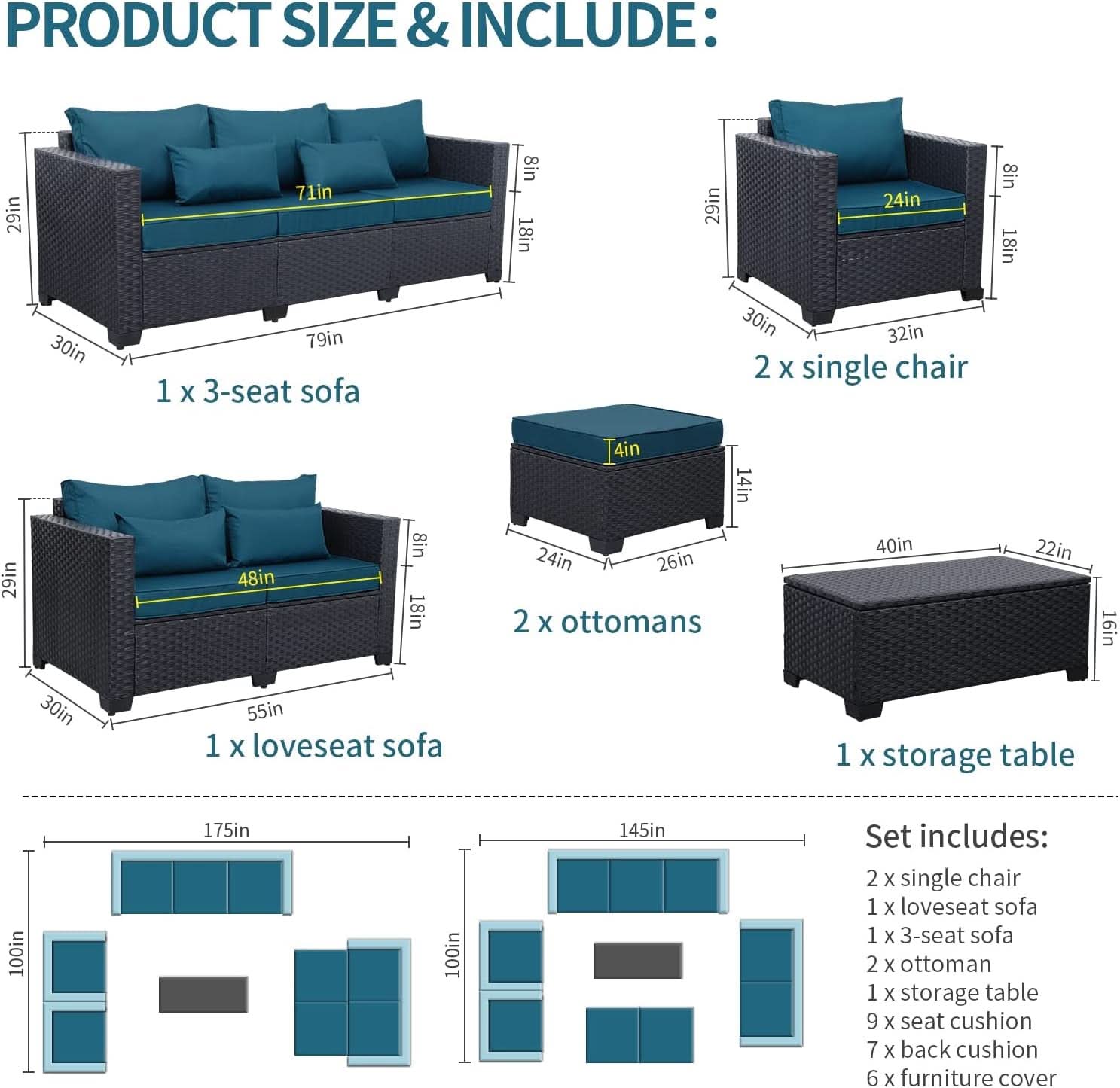 Patio Furniture Set 7 Piece Peacock Blue Anti Slip Cushions