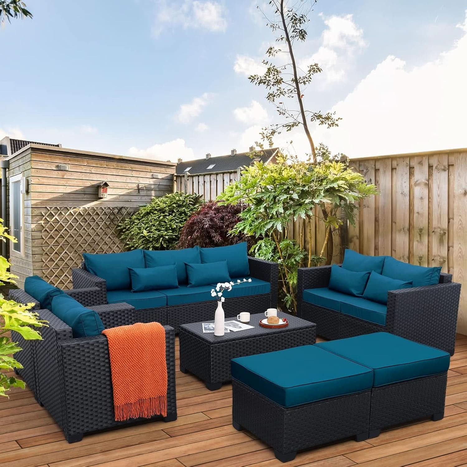 Patio Furniture Set 7 Piece Peacock Blue Anti Slip Cushions