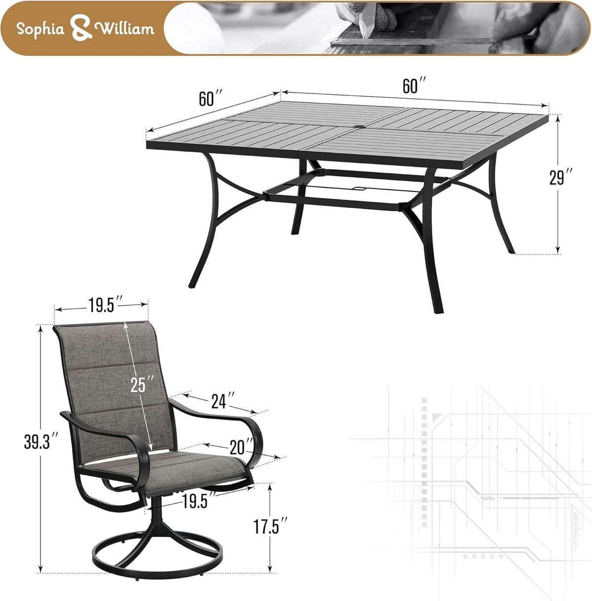 Patio Furniture Set Table For 8 Grayish Brown Swivel Chairs