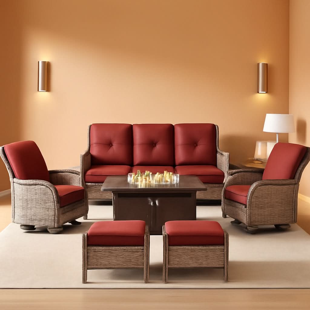 Patio Furniture Set With 50000 BTU Fire Pit Table Red Cushions