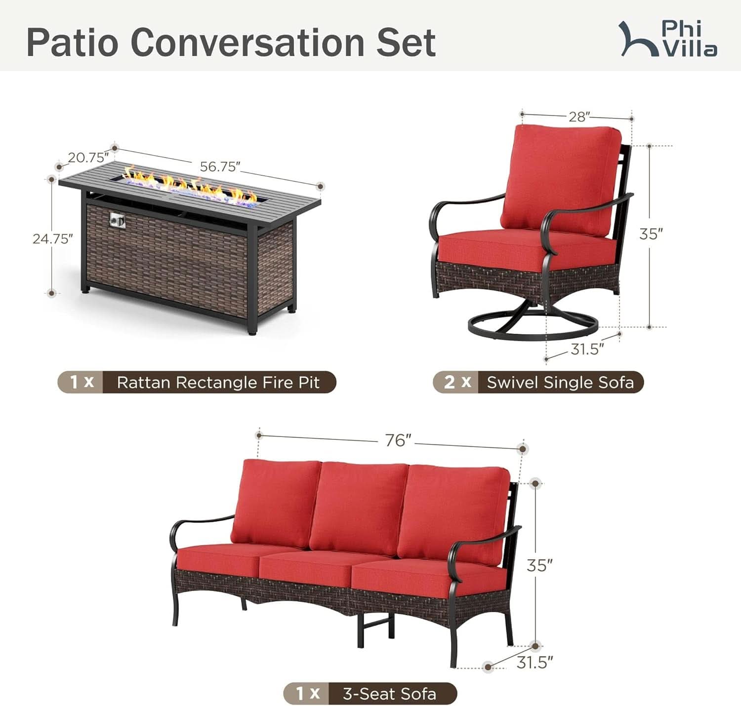 Patio Furniture Set with Fire Pit Table and Cushions