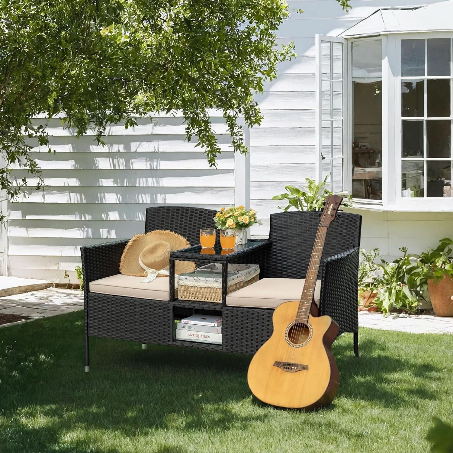 Patio Loveseat Outdoor Wicker Conversation Set With Built In Coffee Table Beige