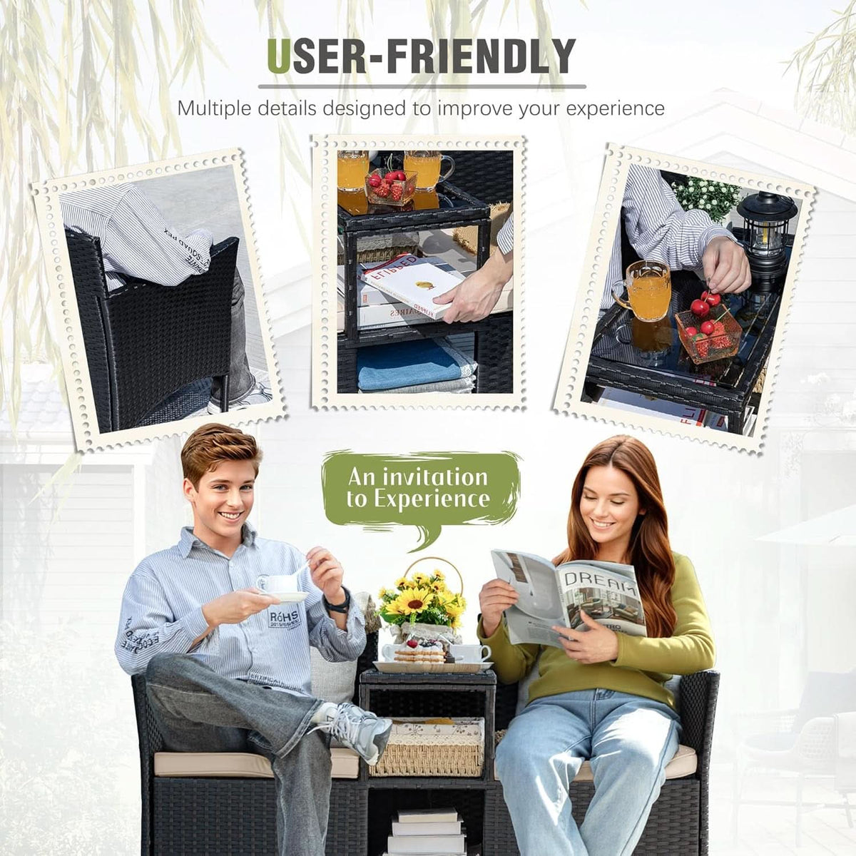 Patio Loveseat Outdoor Wicker Conversation Set With Built In Coffee Table Beige