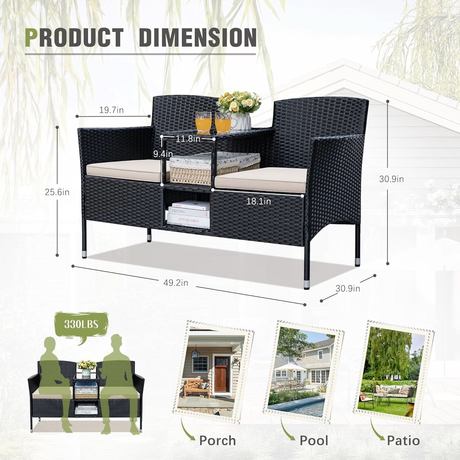 Patio Loveseat Outdoor Wicker Conversation Set With Built In Coffee Table Beige