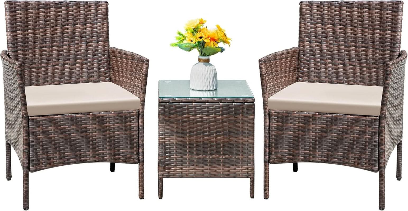 Patio Set 3 Piece All Weather Rattan Glass Table Brown