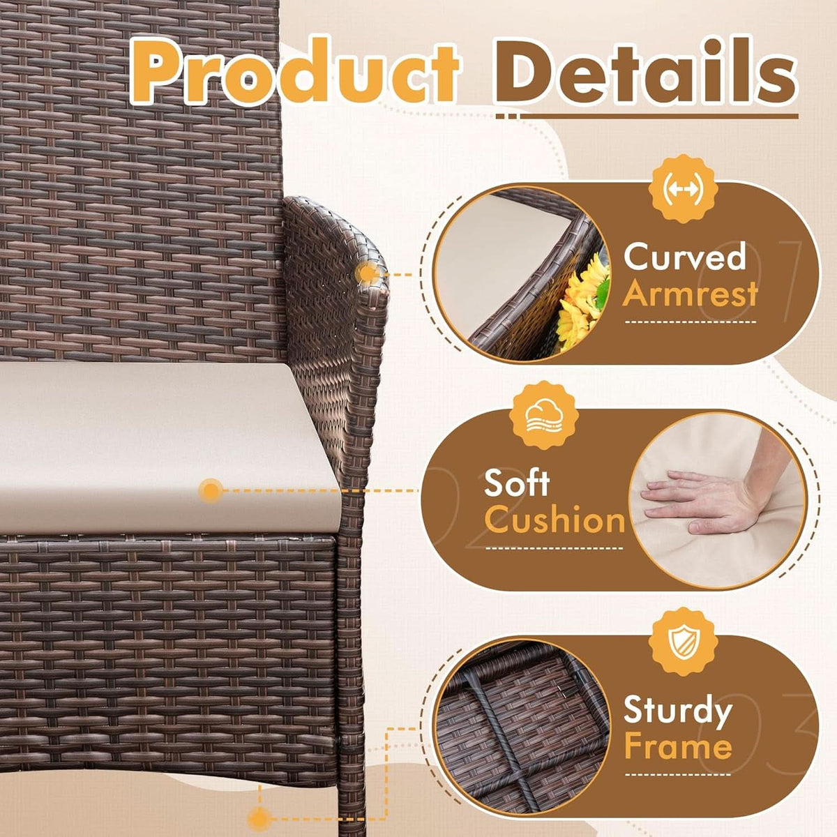 Patio Set 3 Piece All Weather Rattan Glass Table Brown
