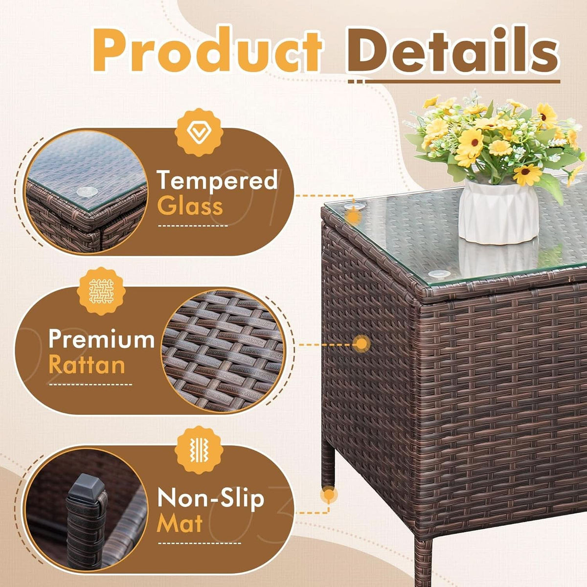 Patio Set 3 Piece All Weather Rattan Glass Table Brown