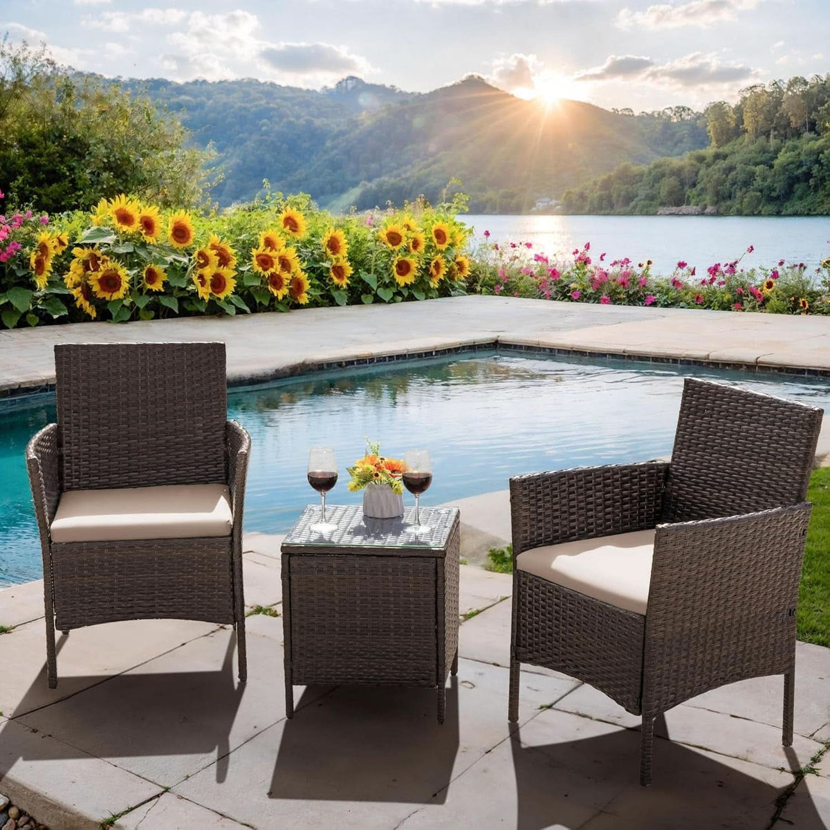 Patio Set 3 Piece All Weather Rattan Glass Table Brown