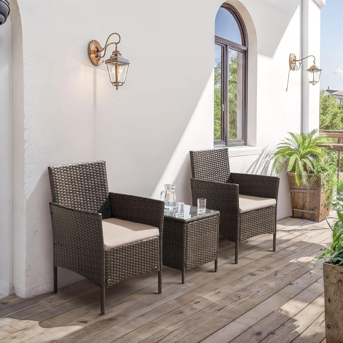 Patio Set 3 Piece All Weather Rattan Glass Table Brown