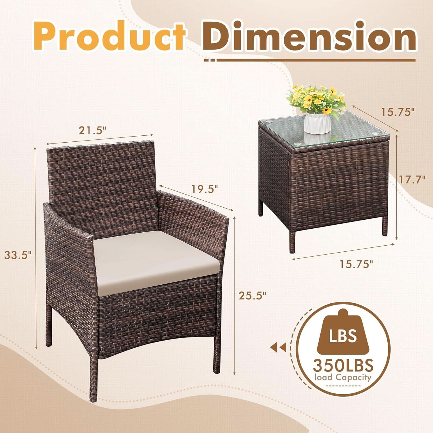 Patio Set 3 Piece All Weather Rattan Glass Table Brown