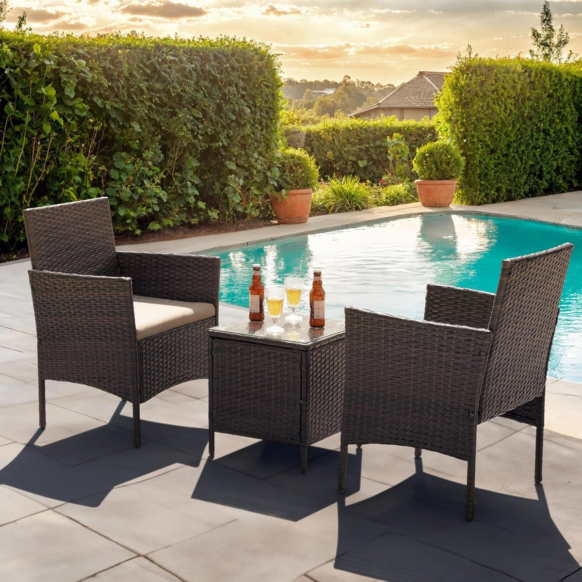 Patio Set 3 Piece All Weather Rattan Glass Table Brown
