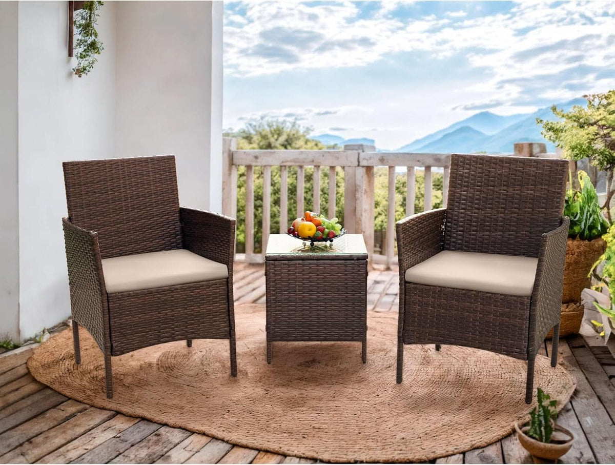 Patio Set 3 Piece All Weather Rattan Glass Table Brown