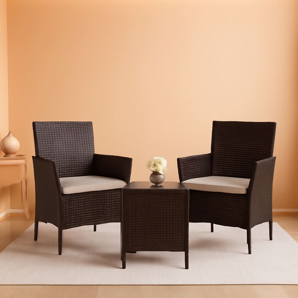 Patio Set 3 Piece All Weather Rattan Glass Table Brown