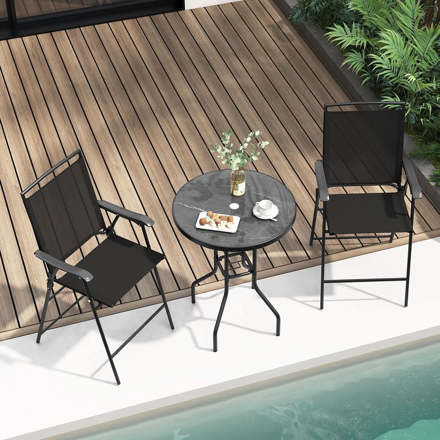 Patio Table And Chairs Set 3 Piece With DPC Tabletop And Folding Counter Height Chairs