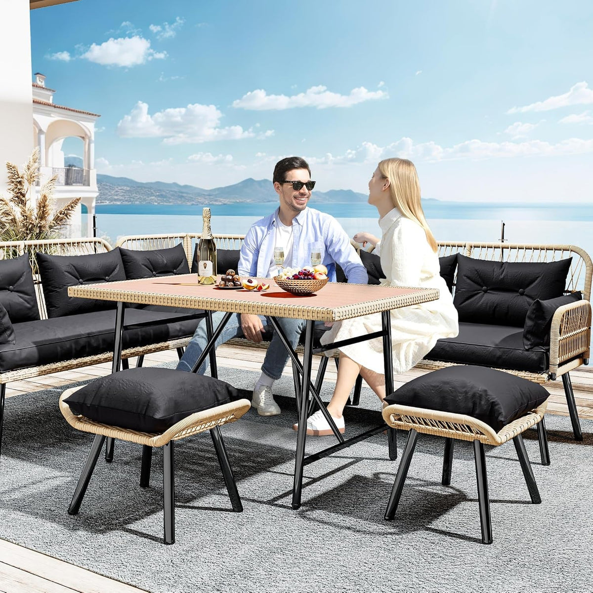 Patio Wicker L Shaped Outdoor All Weather Furniture Set Cushions