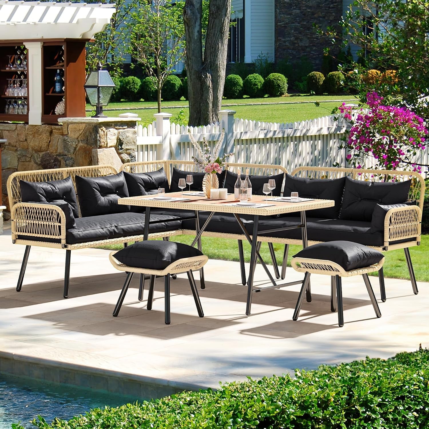 Patio Wicker L Shaped Outdoor All Weather Furniture Set Cushions