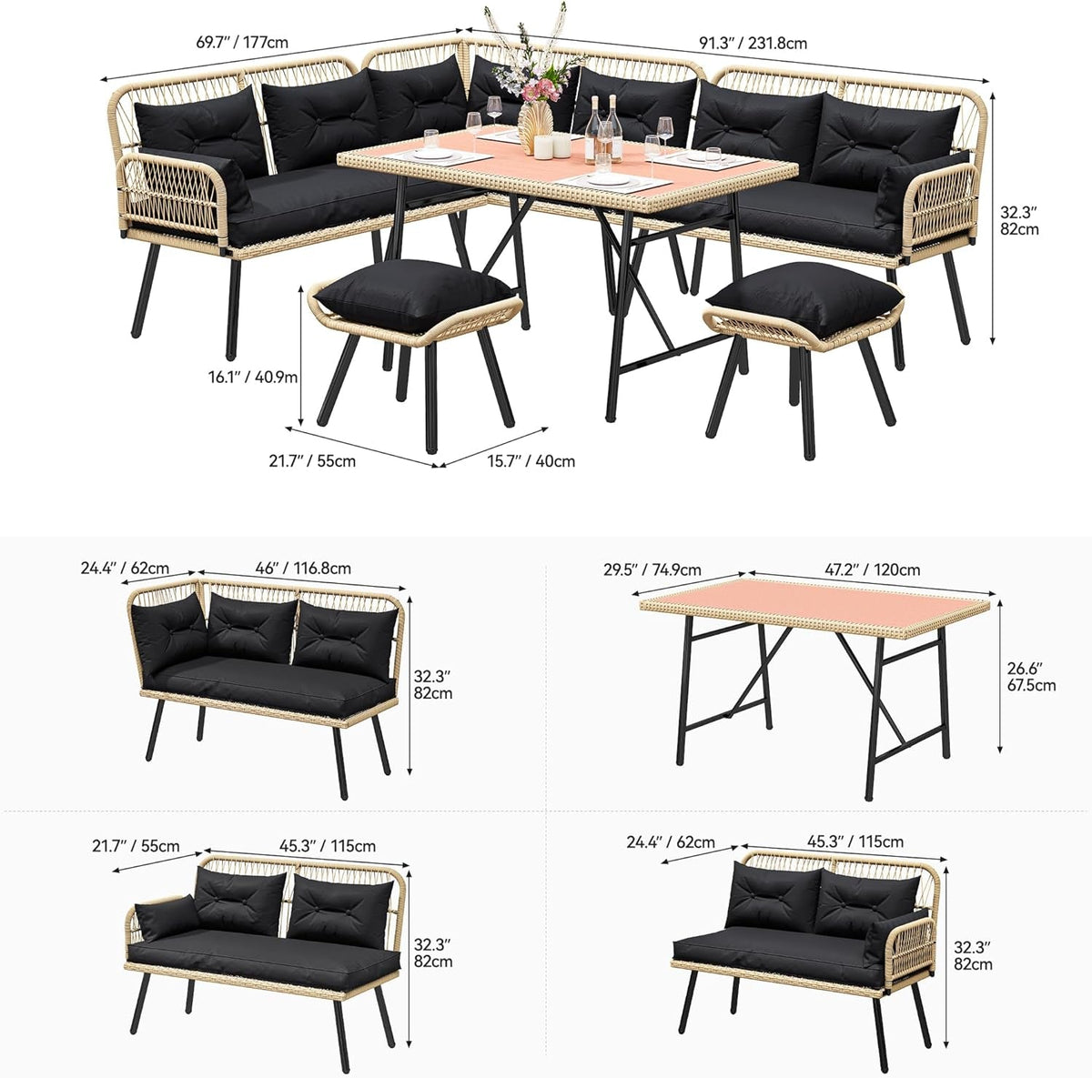 Patio Wicker L Shaped Outdoor All Weather Furniture Set Cushions