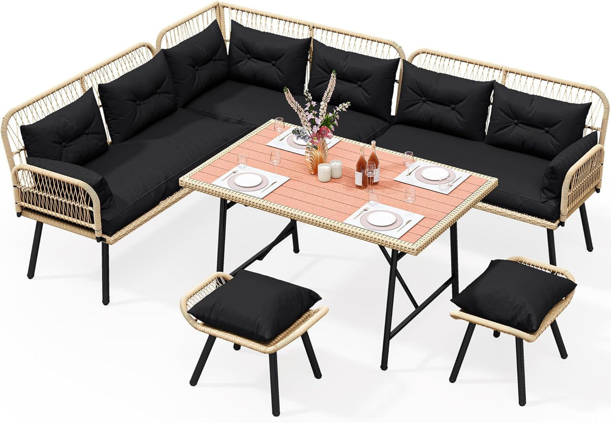 Patio Wicker L Shaped Outdoor All Weather Furniture Set Cushions