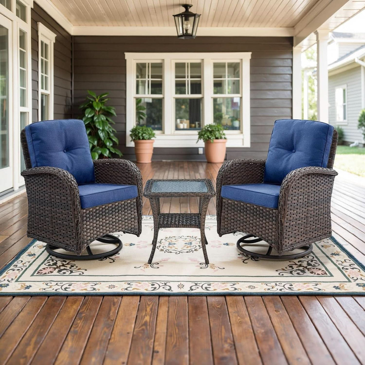 Patio Wicker Swivel Rocker Chairs Set Of 2 With Glass Top Side Table Brown Blue