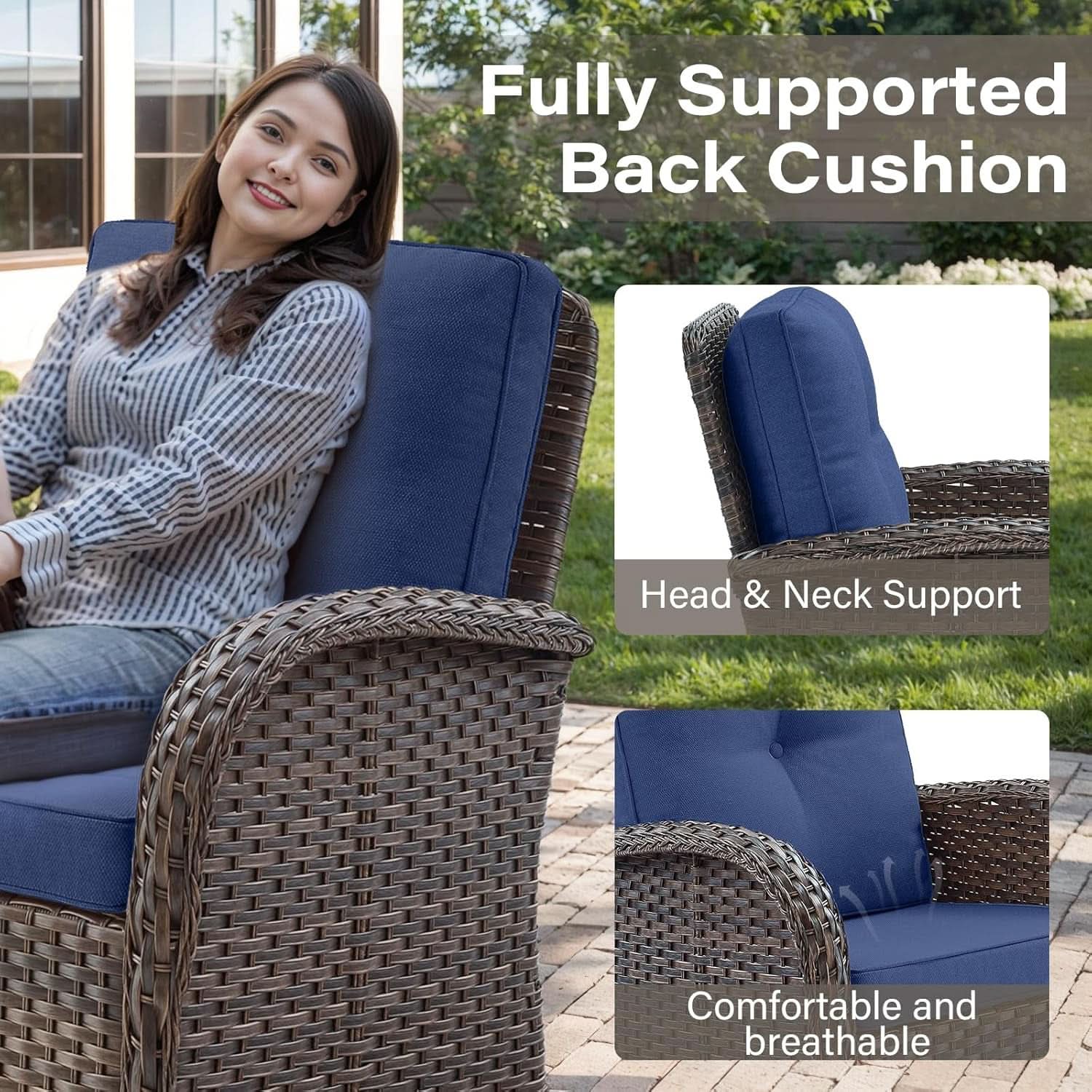 Patio Wicker Swivel Rocker Chairs Set Of 2 With Glass Top Side Table Brown Blue