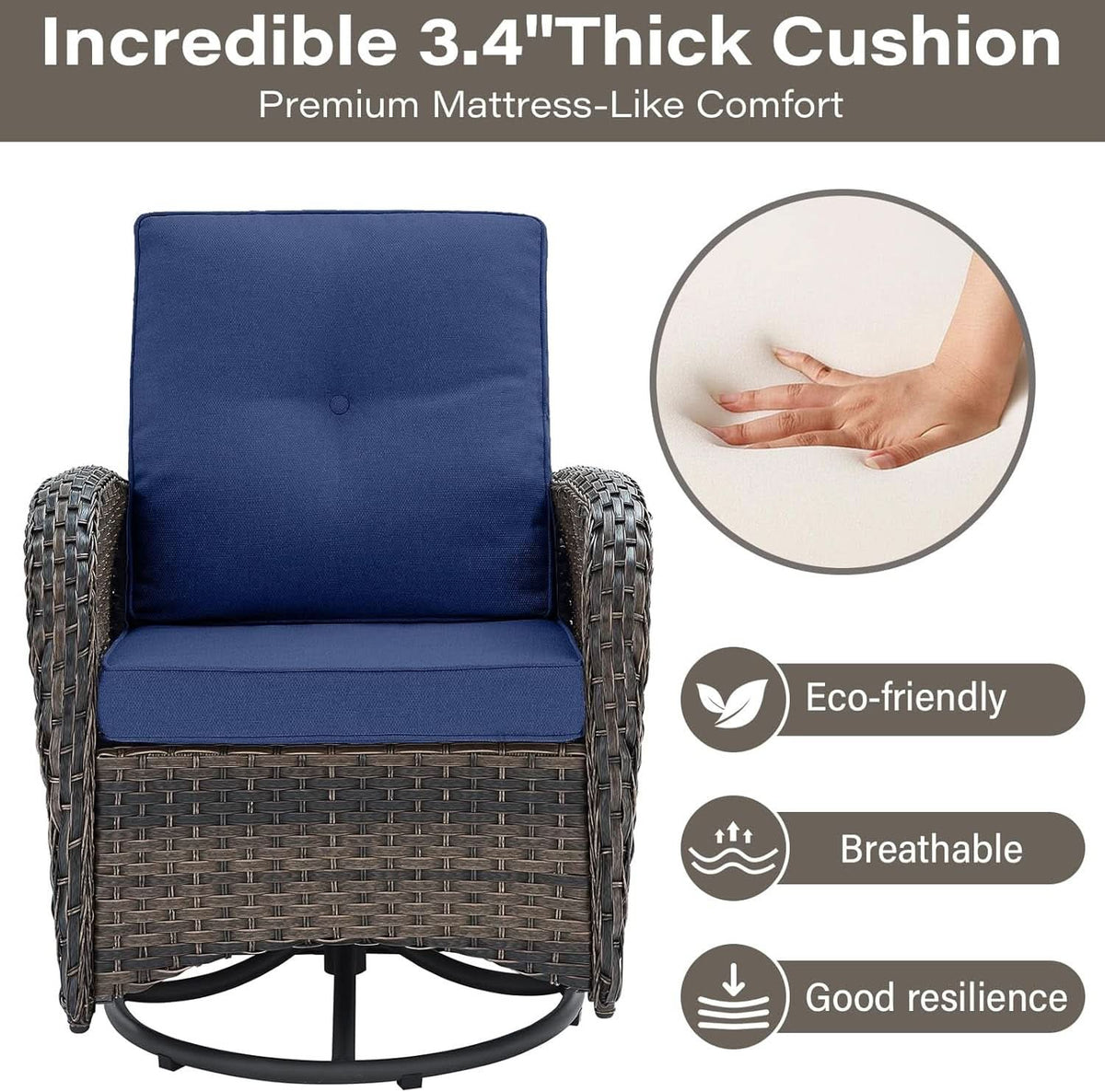 Patio Wicker Swivel Rocker Chairs Set Of 2 With Glass Top Side Table Brown Blue