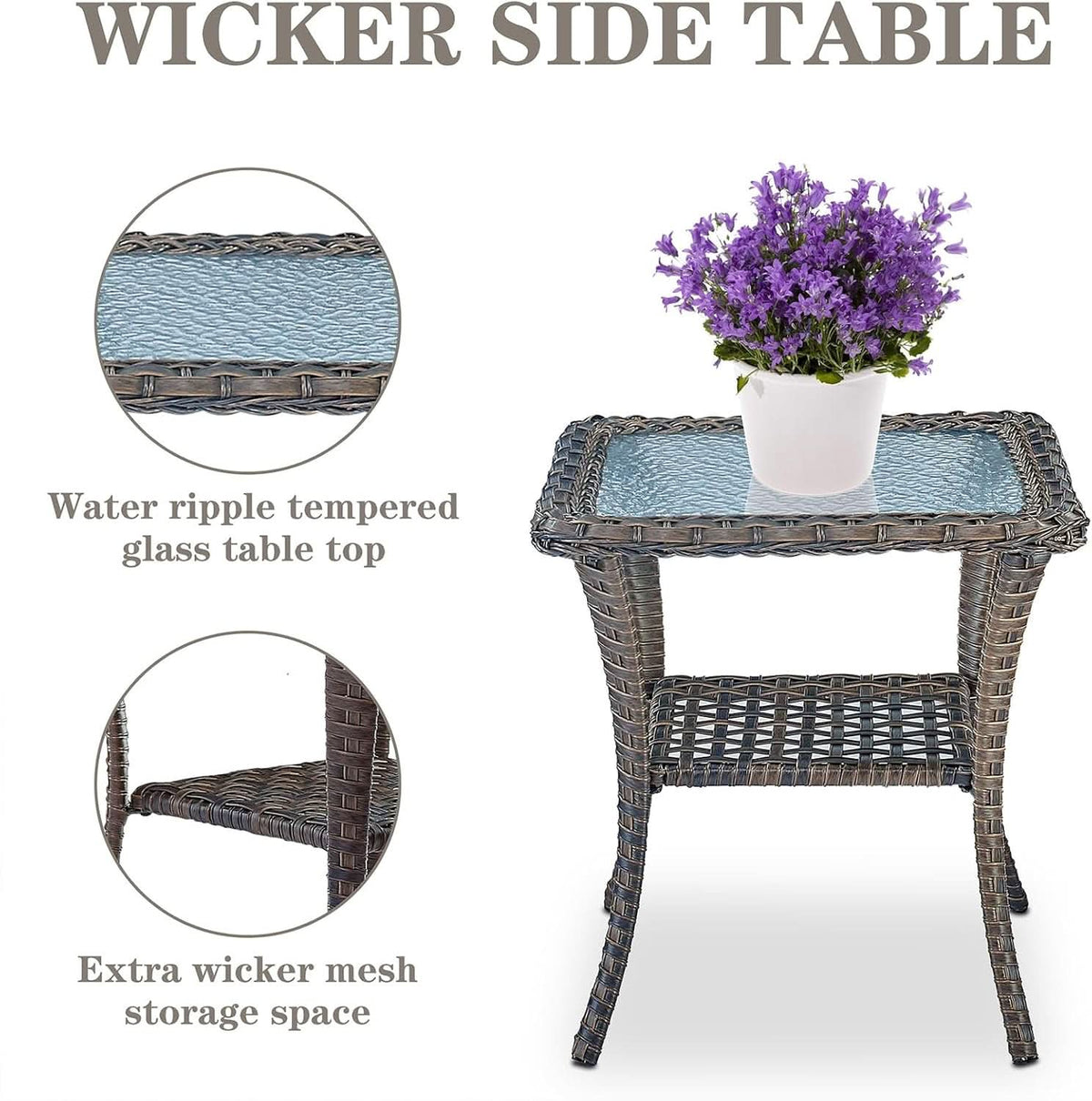 Patio Wicker Swivel Rocker Chairs Set Of 2 With Glass Top Side Table Brown Blue