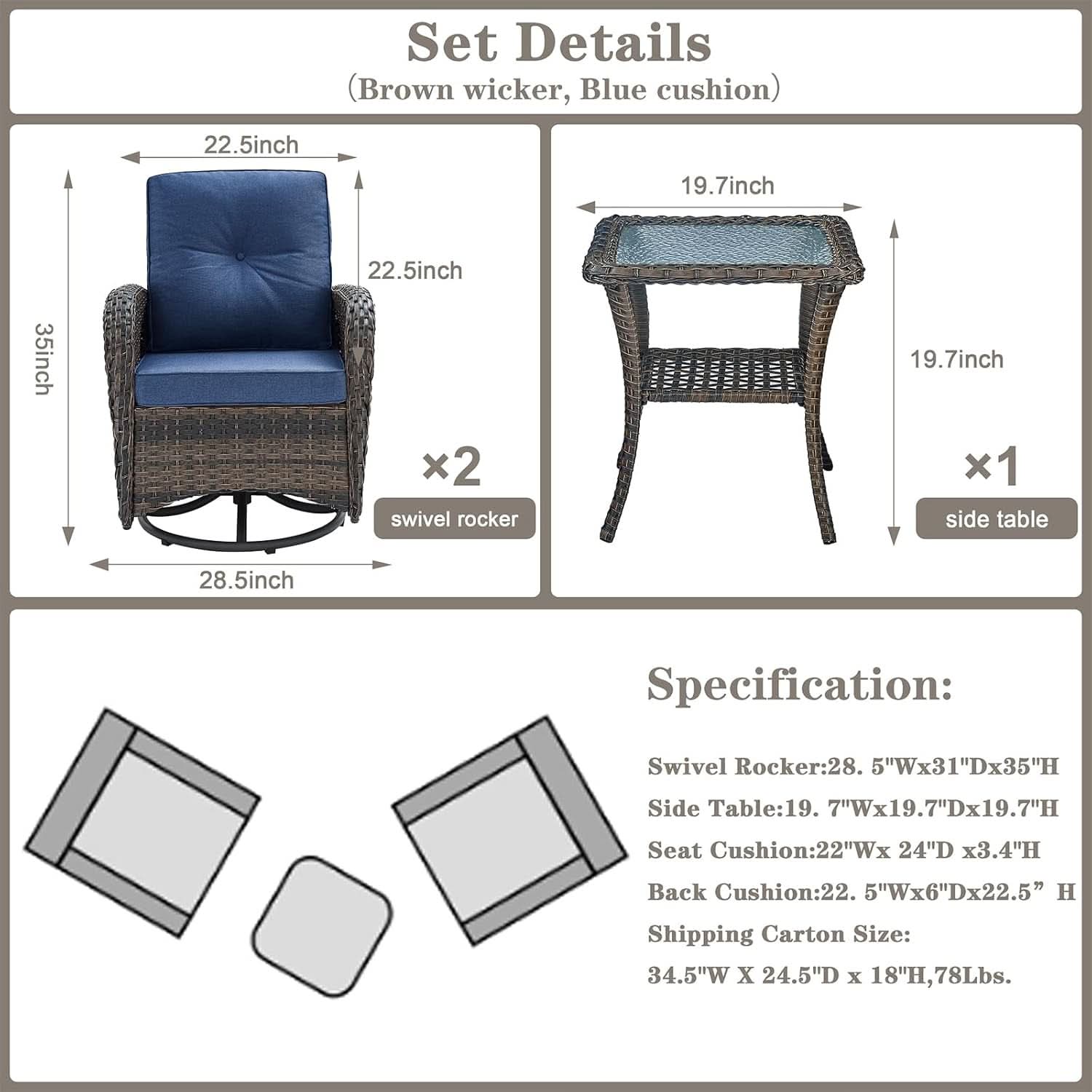 Patio Wicker Swivel Rocker Chairs Set Of 2 With Glass Top Side Table Brown Blue