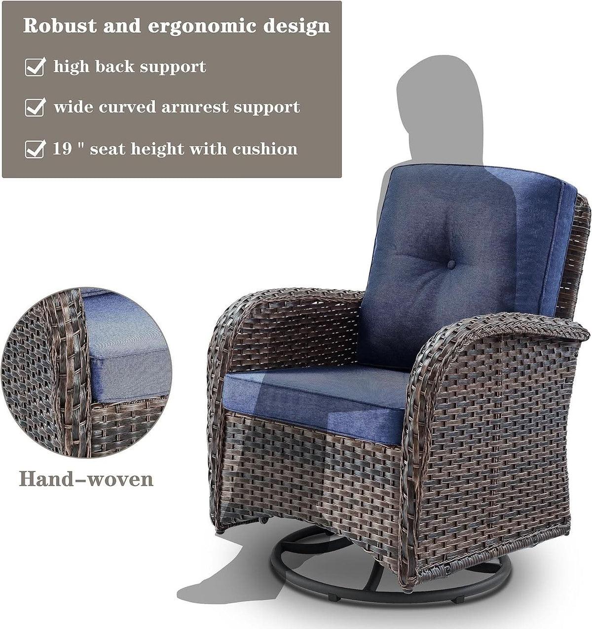Patio Wicker Swivel Rocker Chairs Set Of 2 With Glass Top Side Table Brown Blue