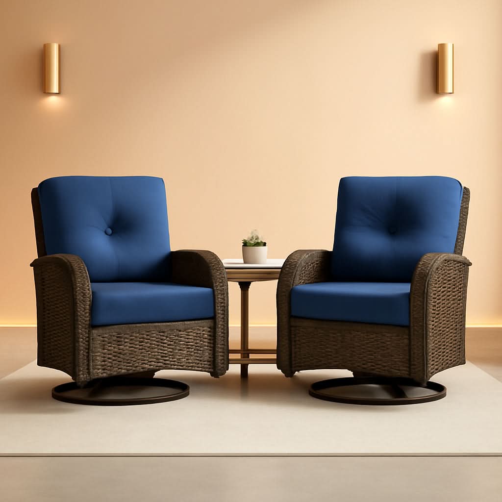 Patio Wicker Swivel Rocker Chairs Set Of 2 With Glass Top Side Table Brown Blue