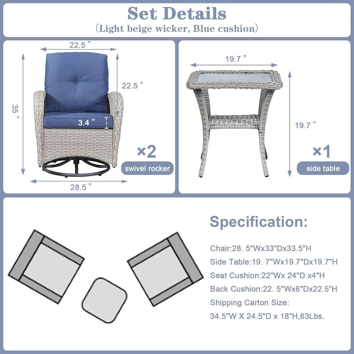 Patio Wicker Swivel Rocker Chairs Set Of 2 With Side Table