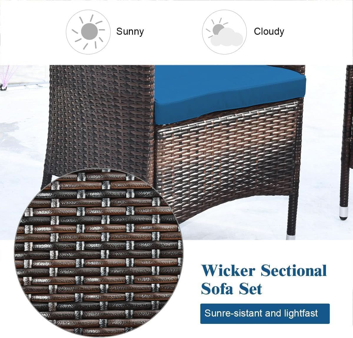 Peacock Blue 4 Piece Rattan Patio Furniture Set With Sectional Sofa