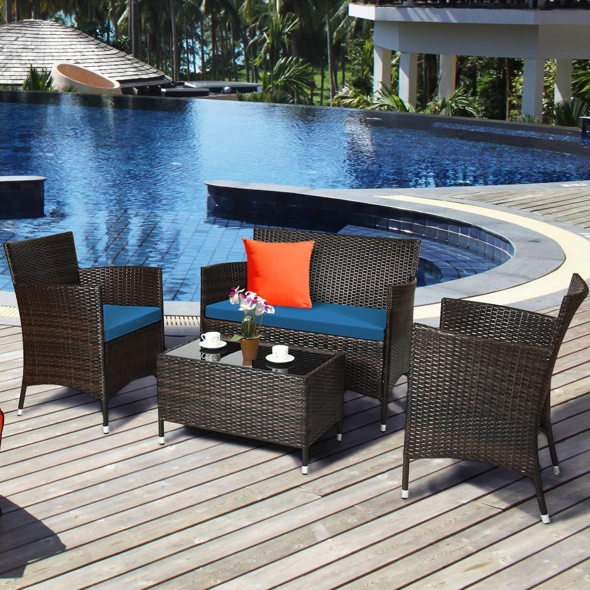 Peacock Blue 4 Piece Rattan Patio Furniture Set With Sectional Sofa