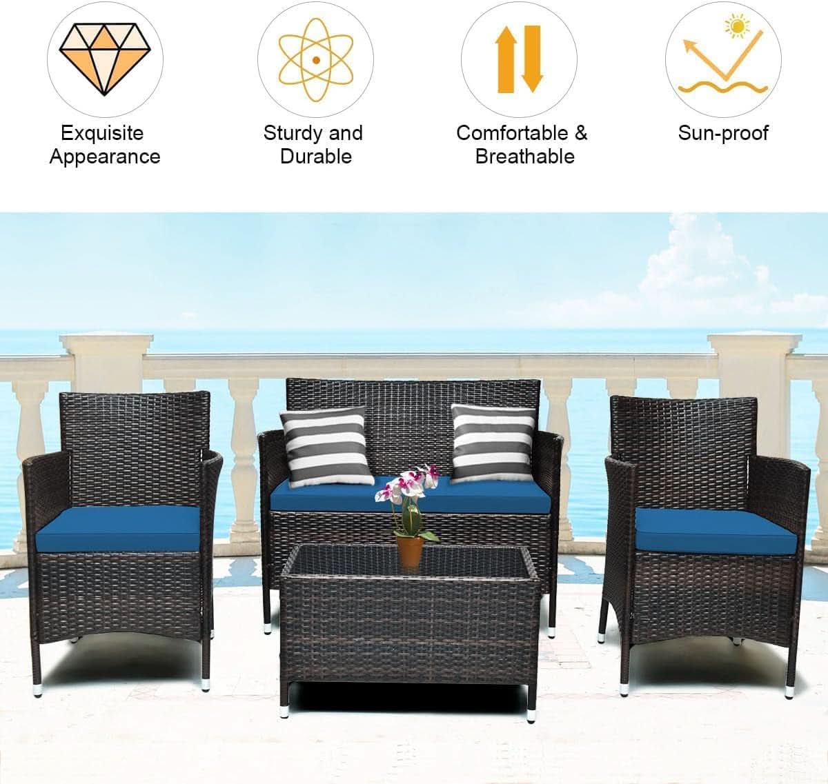 Peacock Blue 4 Piece Rattan Patio Furniture Set With Sectional Sofa
