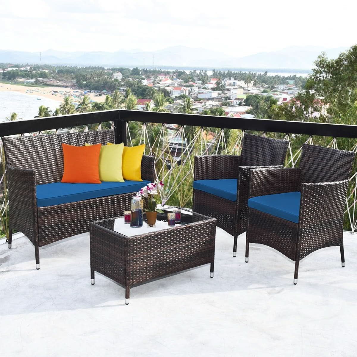 Peacock Blue 4 Piece Rattan Patio Furniture Set With Sectional Sofa