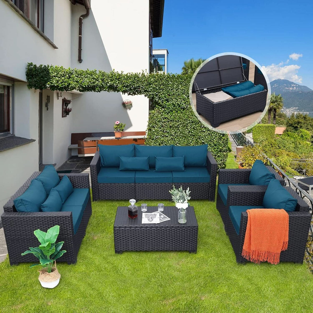 Peacock Blue 5 Piece Patio Furniture Set With Anti Slip Cushions And Covers