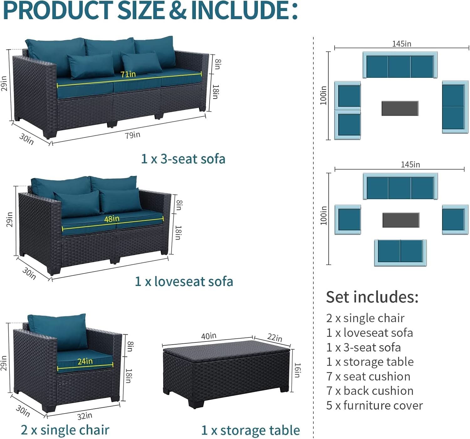 Peacock Blue 5 Piece Patio Furniture Set With Anti Slip Cushions And Covers