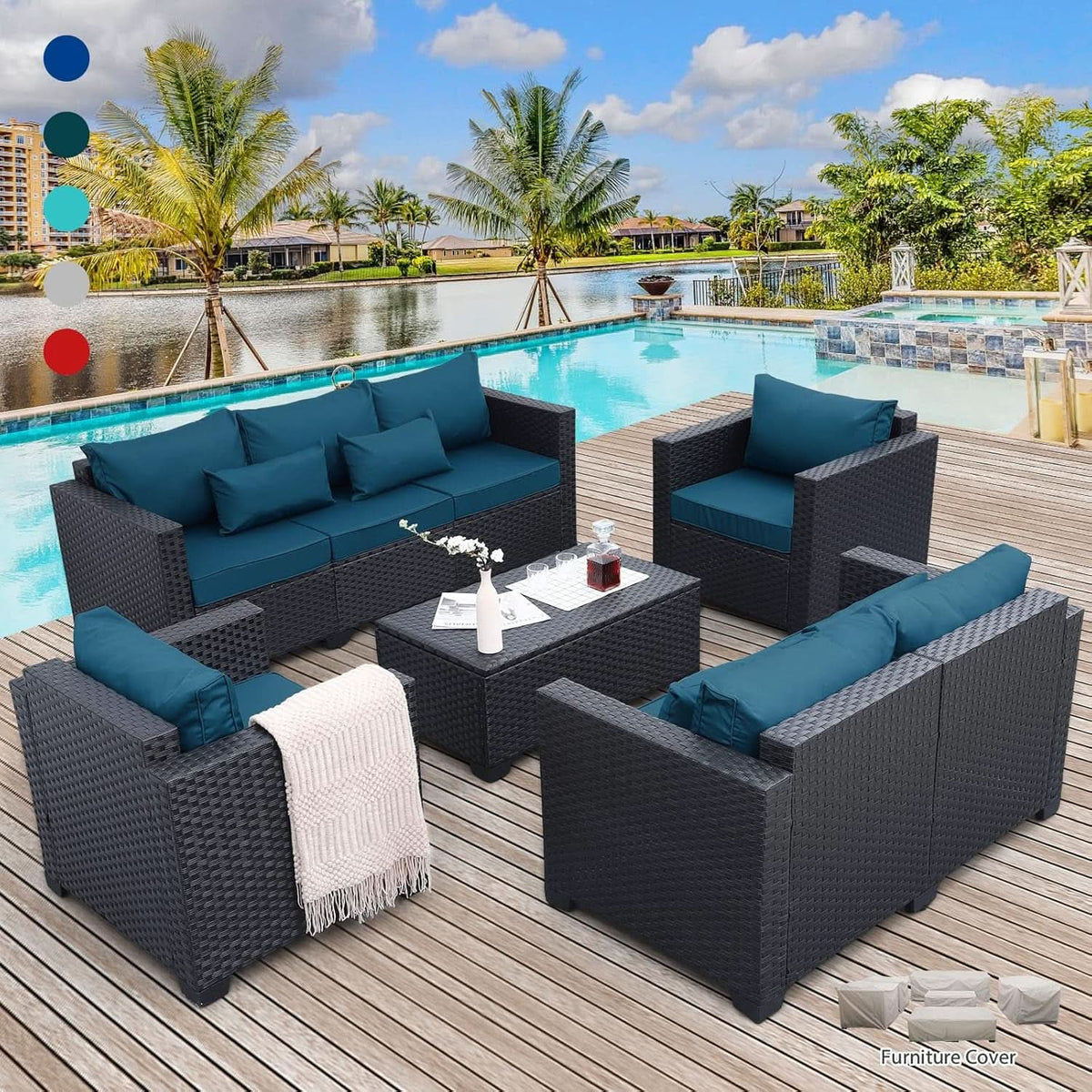 Peacock Blue 5 Piece Patio Furniture Set With Anti Slip Cushions And Covers