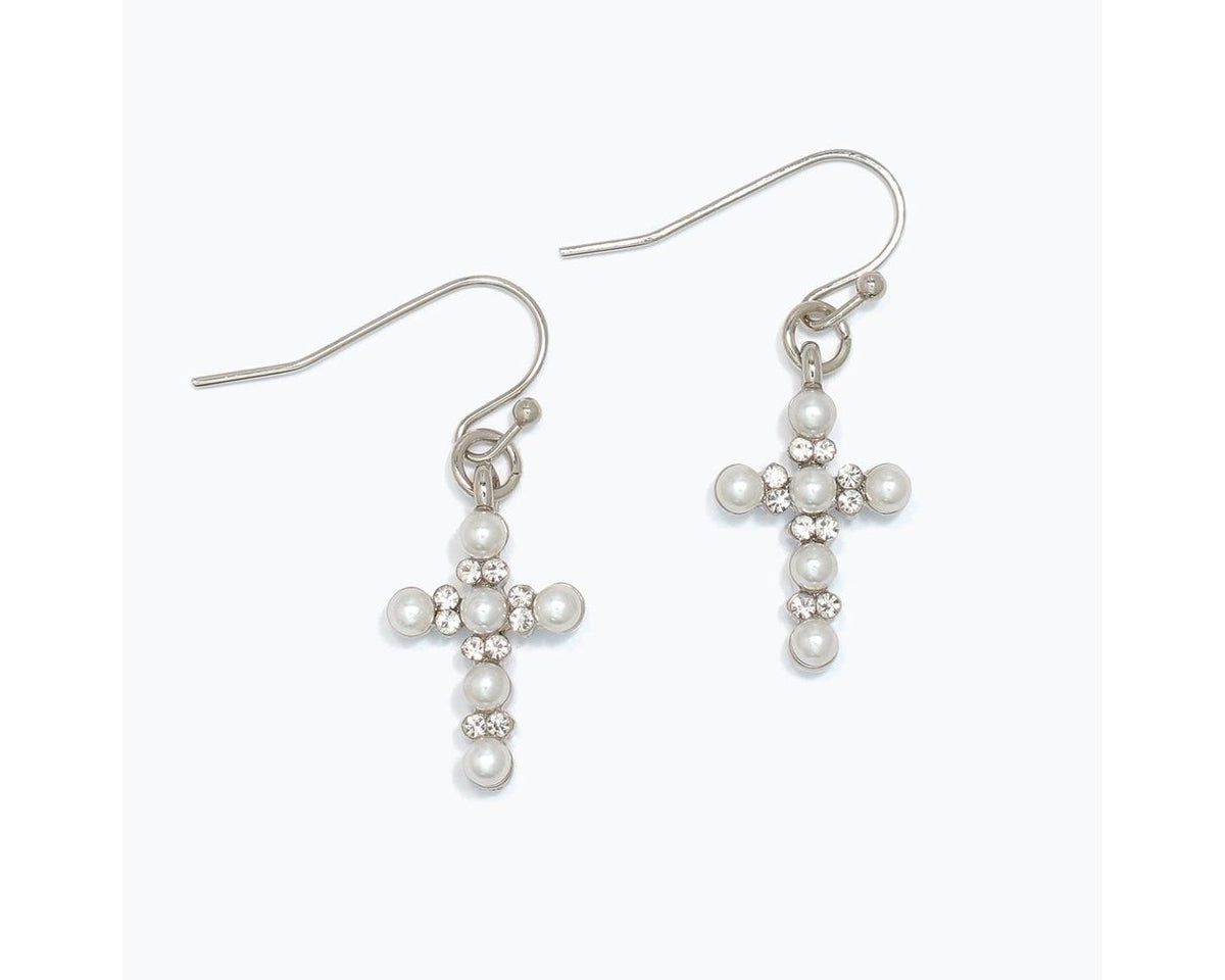 Pearl And Crystal Cross Earrings – Silver-Tone