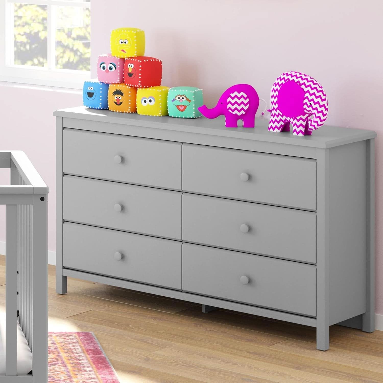 Pebble Gray 6 Drawer Double Dresser For Nursery Greenguard Gold Certified